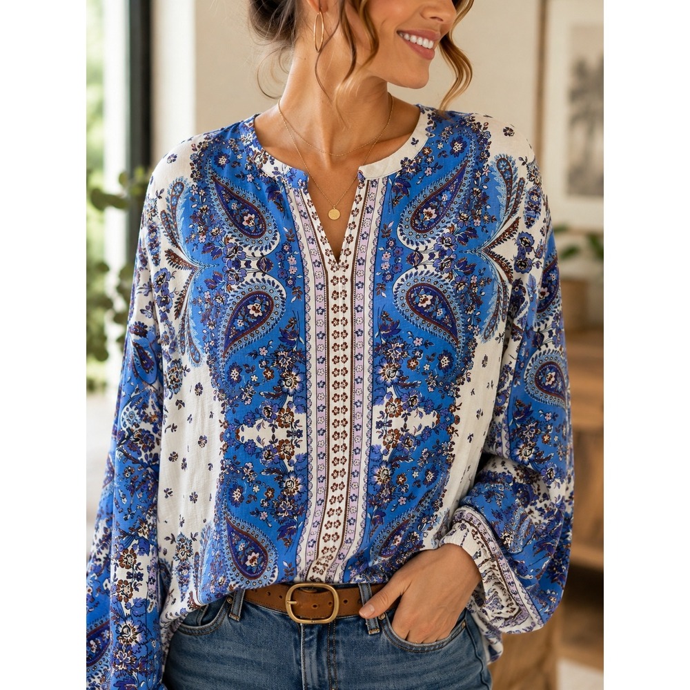 Loft Womens XL Blue Paisley Floral Long Sleeve Blouse Split Neck Rayon Top